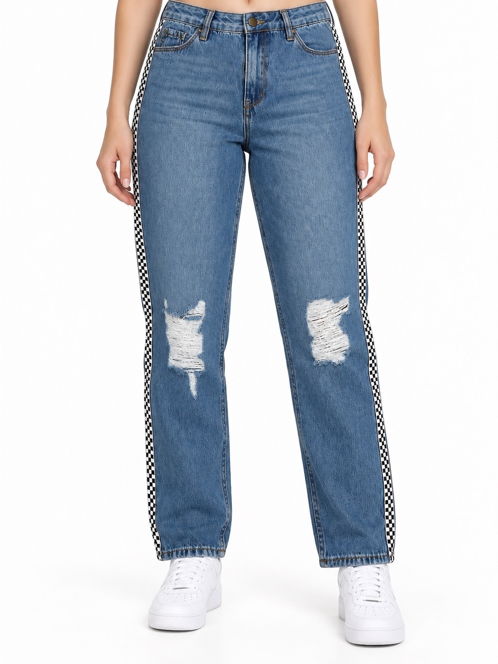 Empyre Blue Straight-Leg Jeans with Checkerboard Side Tape